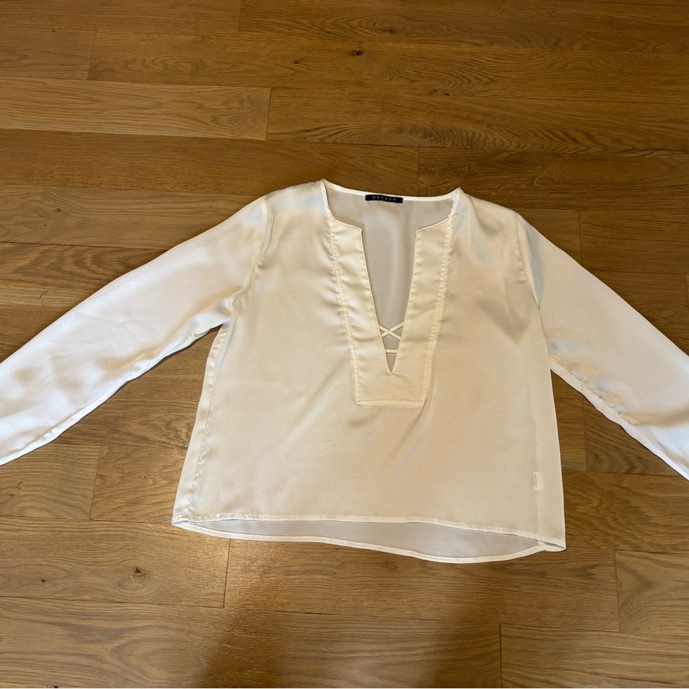 Women's White V-Neck Long Sleeve Blouse decker sheer size large polyester
